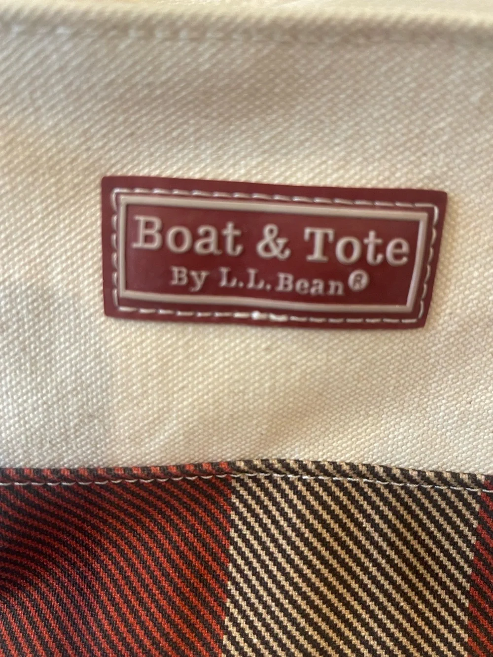 L.L. Bean Boat & Tote Canvas Travel Pouch - Cream & Red Plaid, 5”x10”